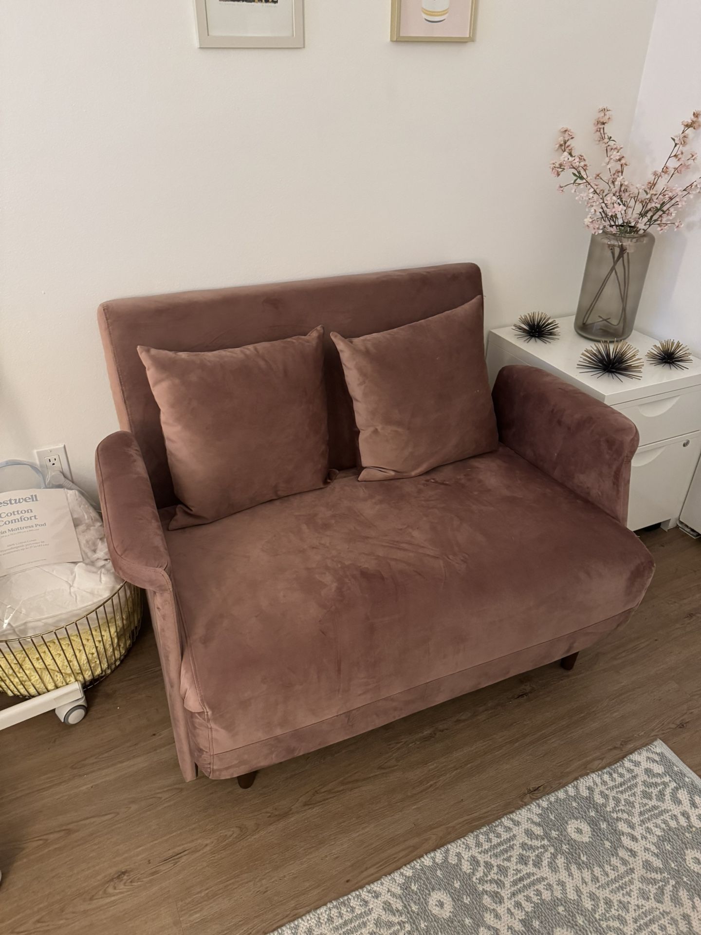 Blush Velvet Convertible Loveseat