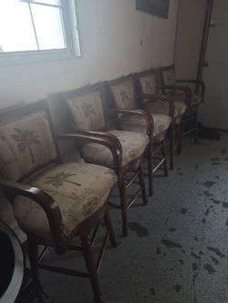 Set of Wooden Bar Chairs with Palm Tree Upholstery