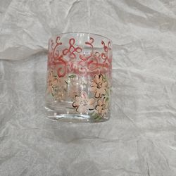 Tracy Porter Hand Painted Votive Sugar 3.5 In High Old Fashioned Glasses Pink Flowers Green Leaves Swirls
