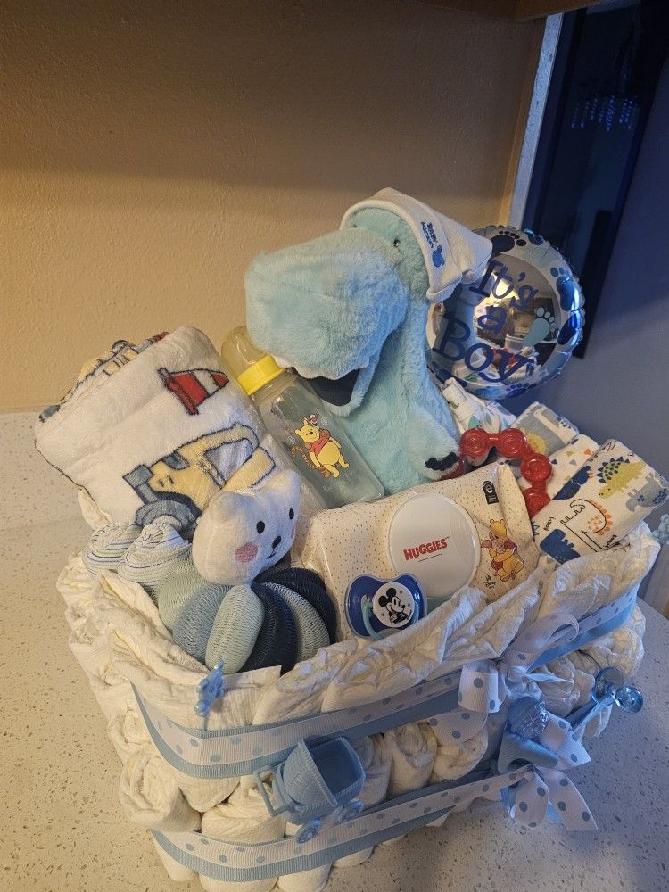 Large Wooden Diaper Gift Basket New Born, Brand Named Pampers Boy Blue
