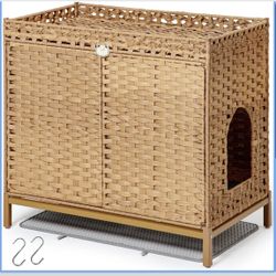 Cat Litter Box Enclosure Furniture, Hidden Handwoven Rattan Litter Box with Mat, Large Cat House with Metal Heightened Feet, 30.3 x 18.3 x 28 Inches, 
