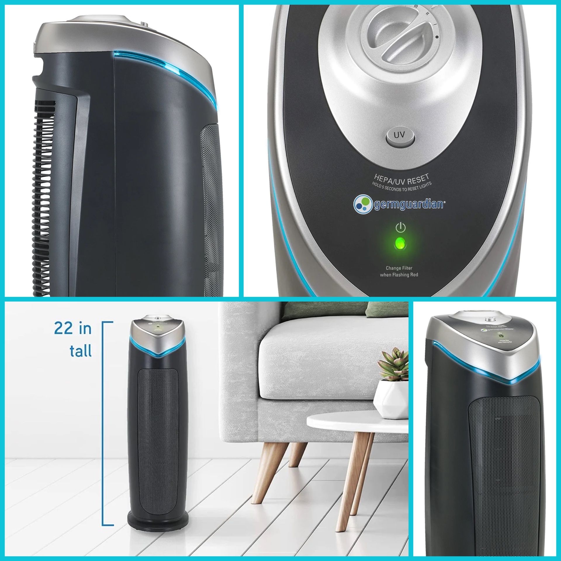 New 22 inch 3-in-1 True HEPA Filter Air Purifier & Cleaner for Home Provides 99% Cleaner Air with UV-C Light