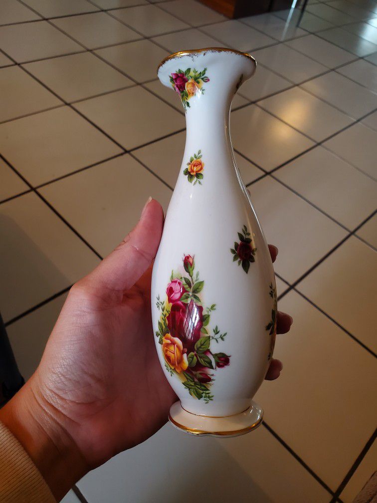 1962 Bone China Small Rose Vase with Brass Etching