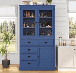 Assembled New 72" H Kitchen Pantry Glass Doors Wooden Freestanding Display Storage Cabinet