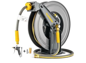 GLAHODEN Double Arm Air Hose Reel 50 ft Retractable, 1/2 in Hybrid Hose Heavy Duty Steel Professional Air Compressor Hose Reel with 5 ft Lead in Max 3