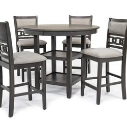 Gia round center height, dining table and 4 stools gray.