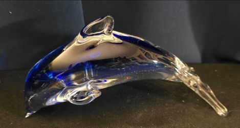 Cobalt blue and clear hand blown glass dolphin paperweight