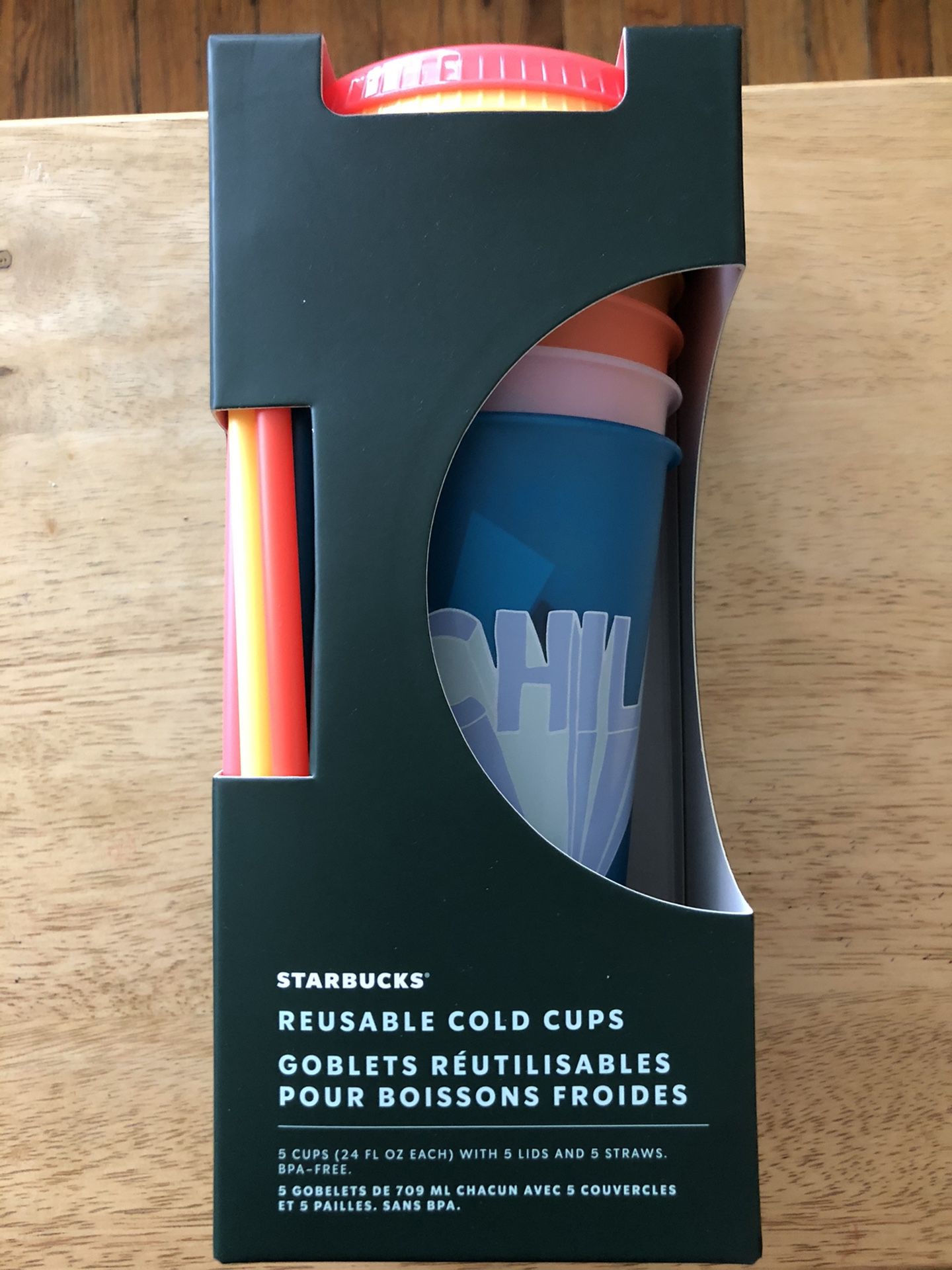 Starbucks Reusable Cold Cups (Chill Caffeinated Wake Up Rise.Shine) 5 Cups with 5 Lids and 5 Straws New