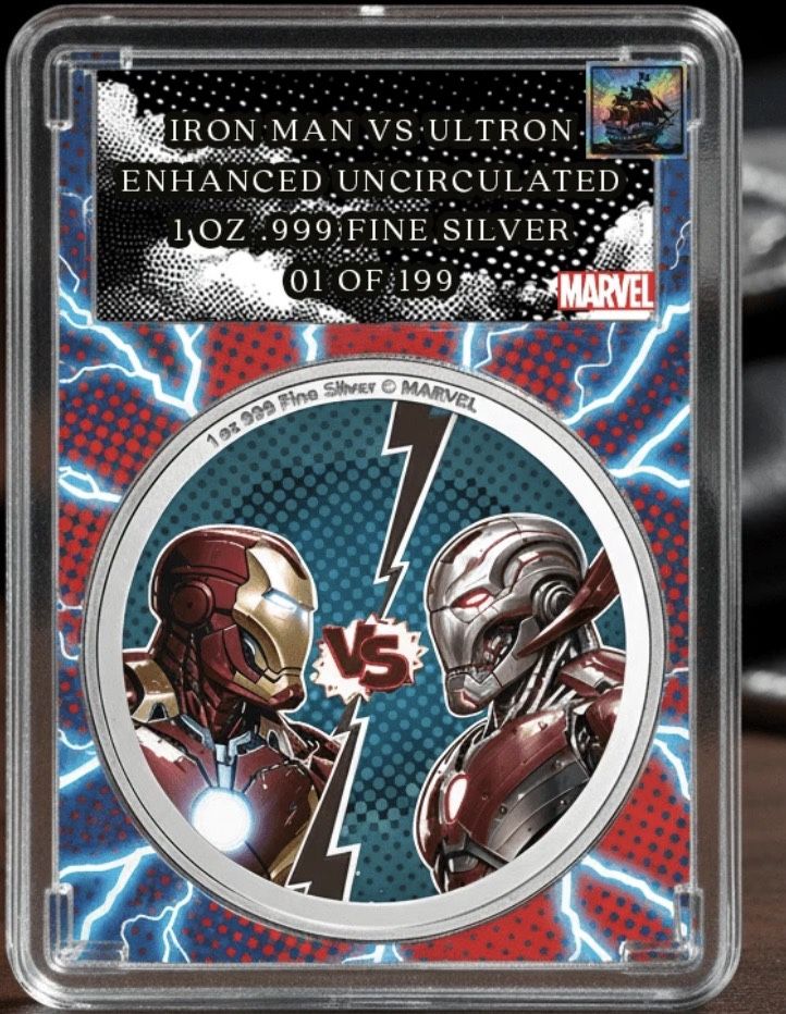 2025 1 Oz .999 Silver Marvel Ultra-Rare Ironman Vs. Ultron Colorized 199 Mintage
