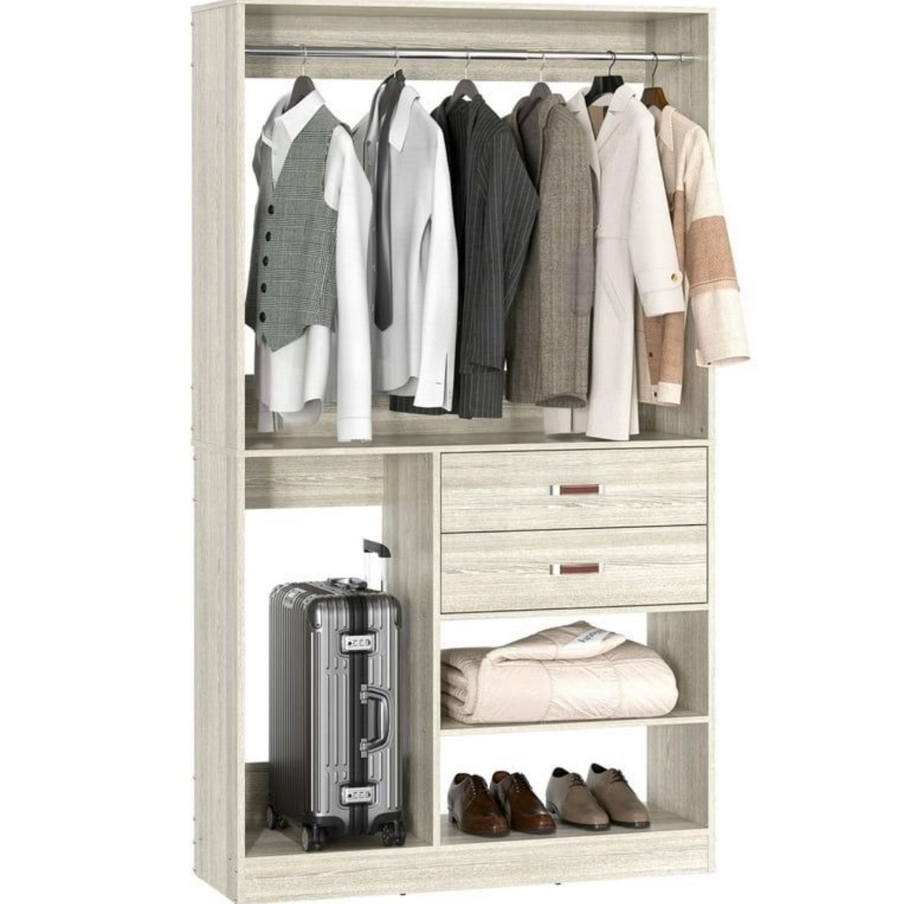 Freestanding Closet System with Suitcase Storage, 40 Inches Stand-Alone Wardrobe with 2 Wood Drawers