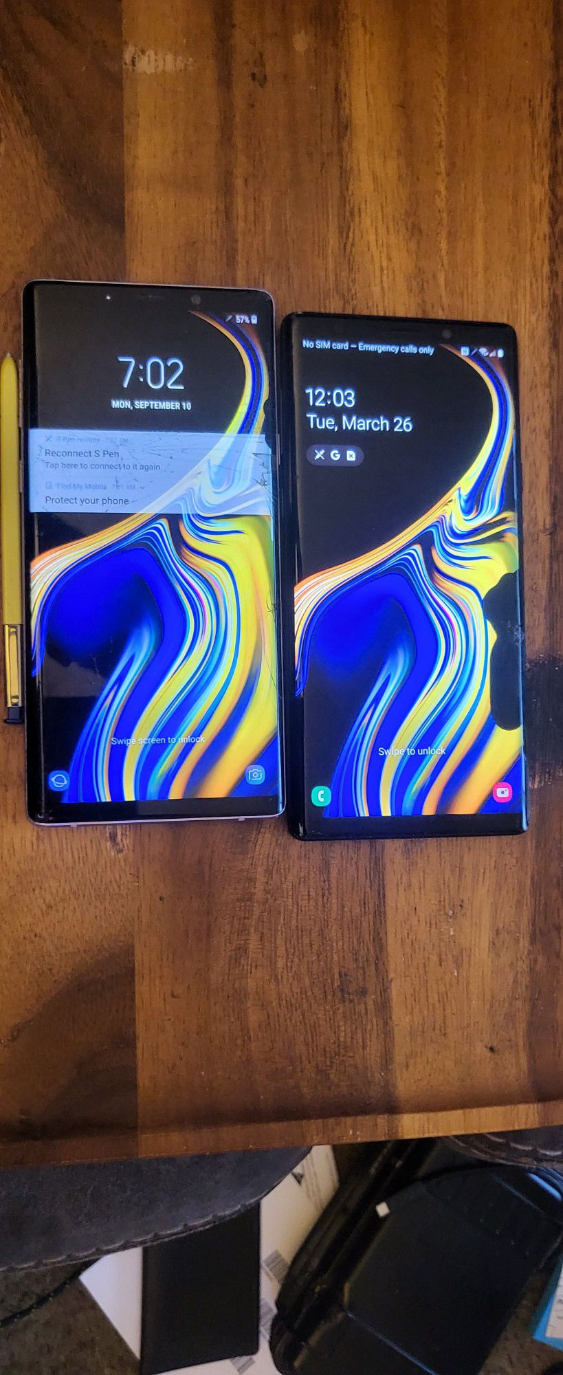 
14)2-GALAXY NOTE 9's. BOTH ARE WIFI DEVICES ONLY. THE 1 ON THE LEFT ONLY WORKS WITH THE STYLUS AND THE 1 ON THE RIGHT HAS 100% TOUCH FUNCTION. BOTH A