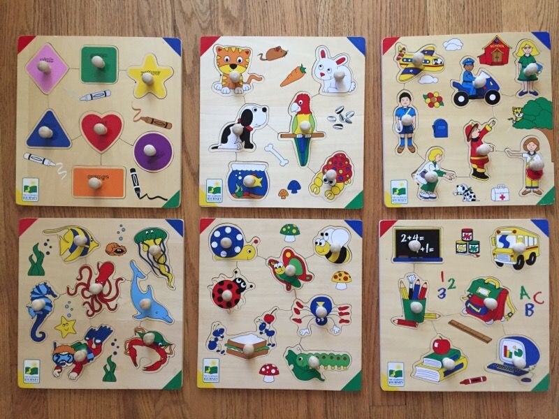 THE LEARNING JOURNEY WOOD PUZZLE SET OF 6 WITH WIRE RACK