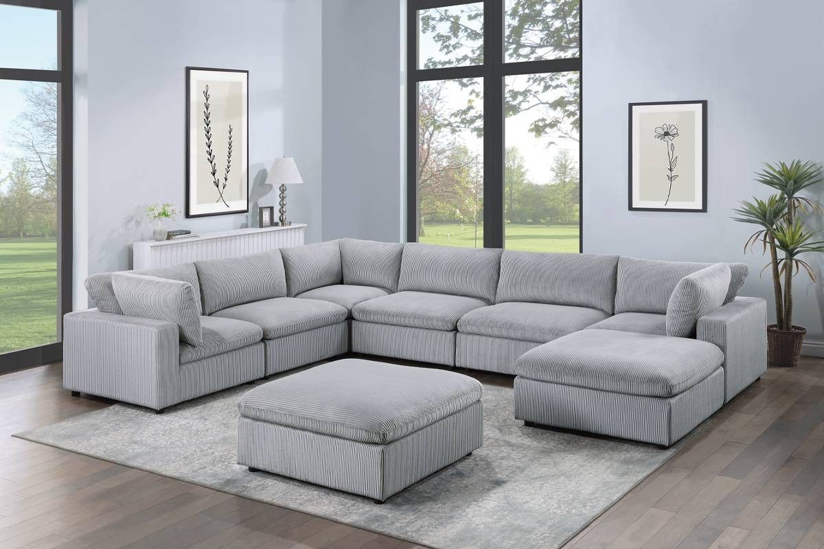 Brand New Light Grey Super Plush Corduroy Modular Sectional Sofa w Ottoman
