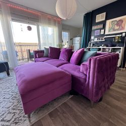 Vibrant Purple Velvet Couch & Ottoman