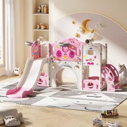 Toddler Slide and Climber 9 in 1,Playset Indoor Outdoor Playground Kids Slide for Toddler pink & White, New

