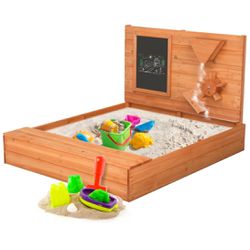 Ktaxon Wooden Sandbox with Blackboard, Sand Wall, Sand Boxes with Bench Lid for Kids Outdoor Backyard