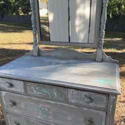 AUTHENTIC ANTIQUE DRESSER WITH MIRROR SEA BEACH THEME 