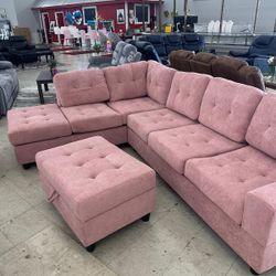 New In Boxes Pink Sectional With Storage Ottoman 