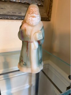 Fenton glass Santa figurine blue Artist signed Santa list tree