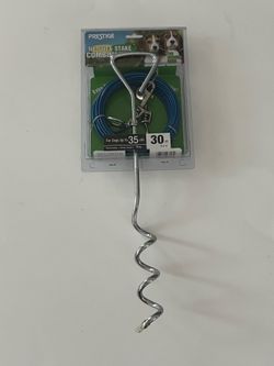 New- Prestige Dog Tie-Out & Stake metal 35 pounds & under 30 feet blue cord.