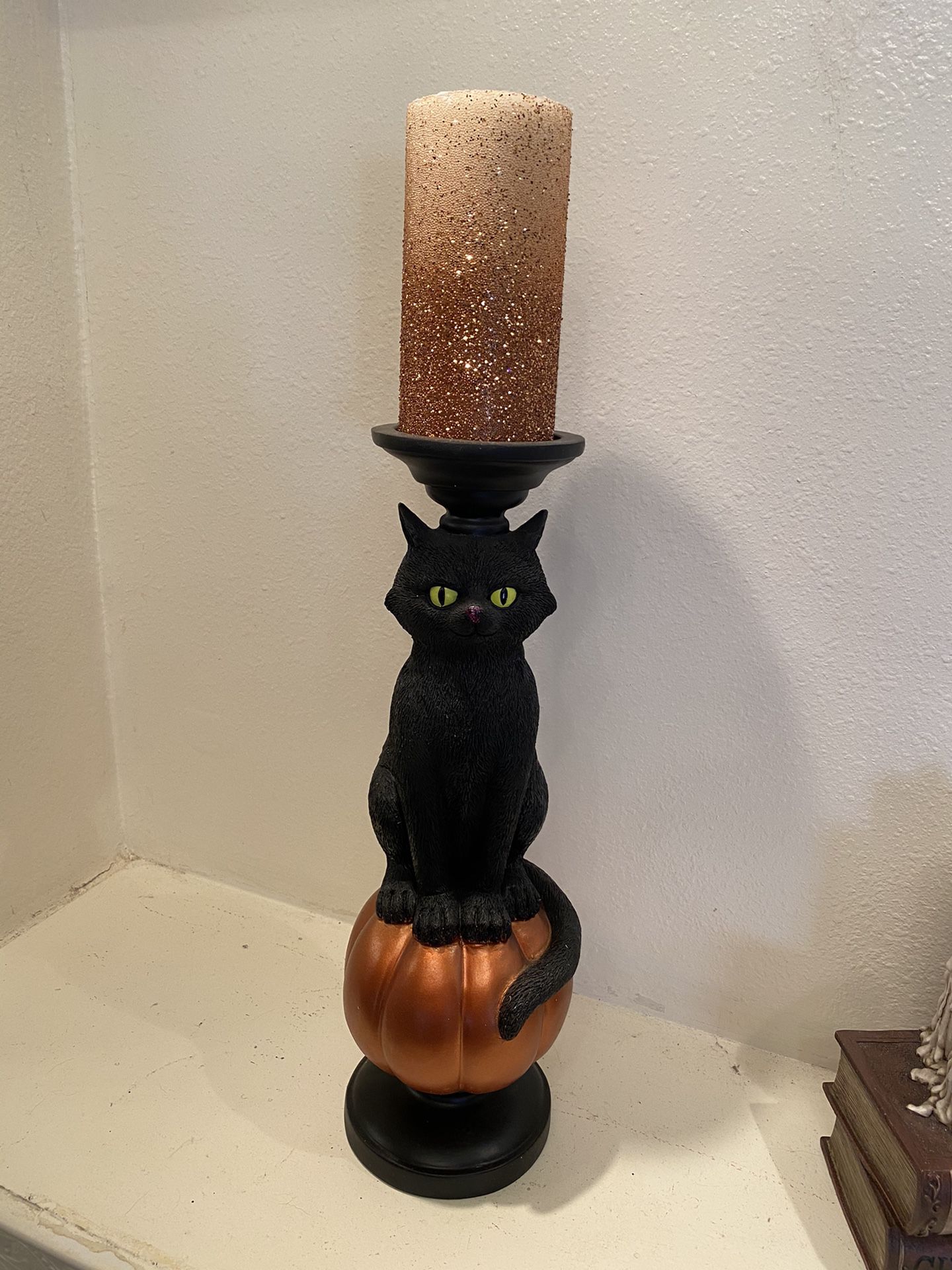 Black cat on pumpkin Halloween candle pillar with flameless candle