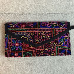 Handmade Embroidered Fabric Clutch Wallet Colorful Boho Zip & Snap Closure