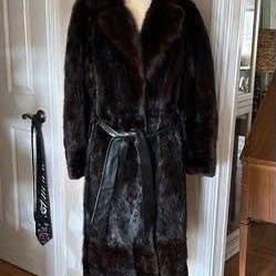 Women’s Fur Full Length Maxi Coat With Leather Belt Size M