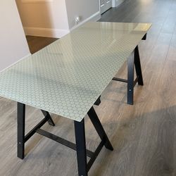 Desk, Sawhorse Legs With Glass Top
