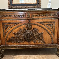 Antique Credenza marble top decorated w/ brass