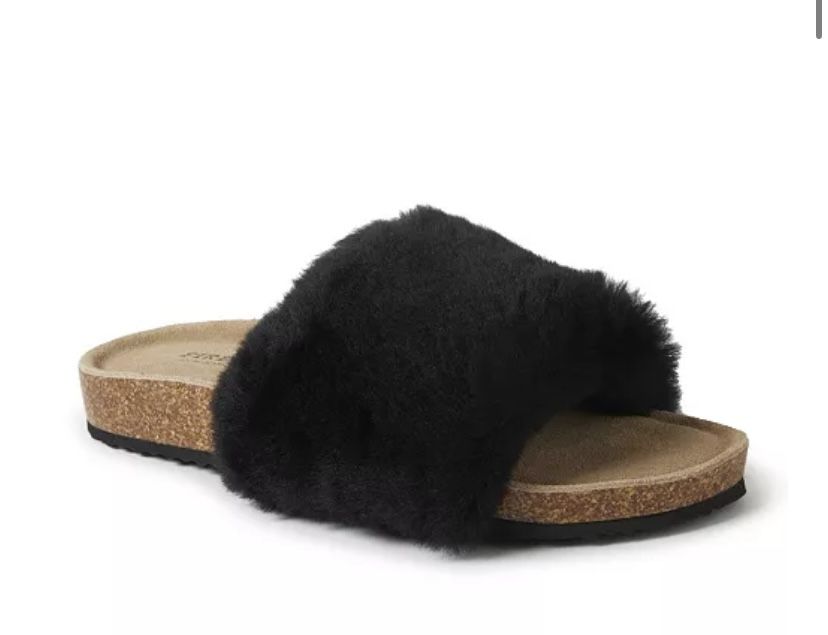 Women’s Dearfoams Cork Black Shearling Slides Size 8