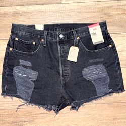 Levis 501 Black Denim High-Rise Cut Off Ripped Cotton Jean Shorts Womens Size 33