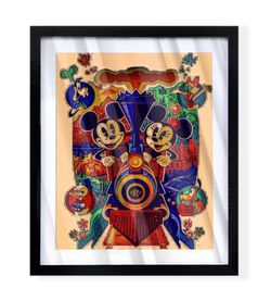 Art piece of mickeys and Minnie Mouse runaway railroad on black frame
