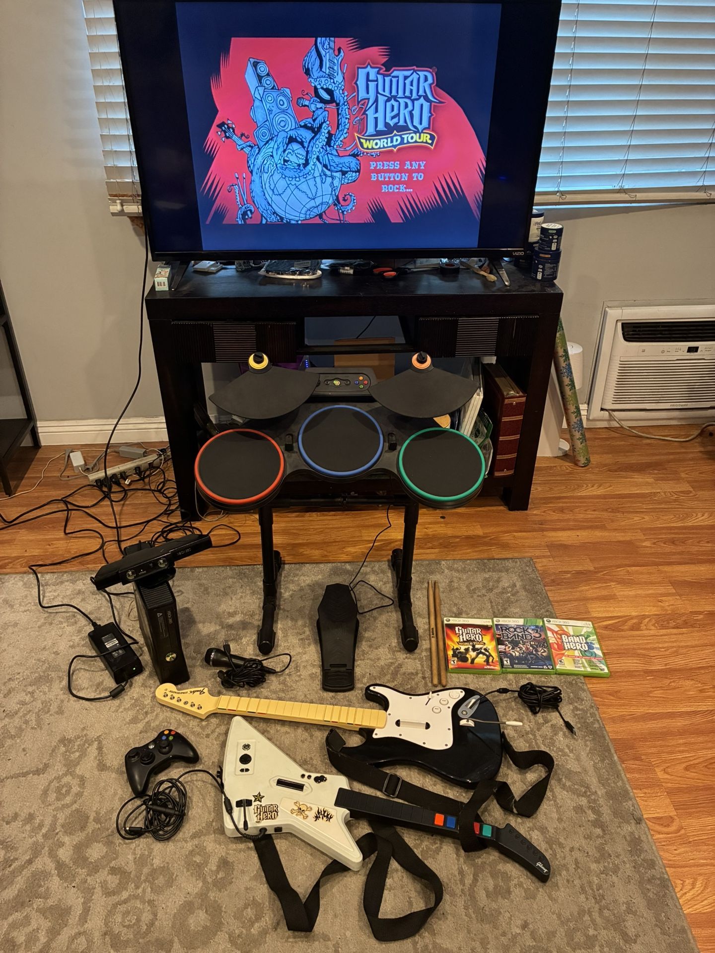 Guitar Hero Rock band set w/ 2 guitars, drums, Xbox 360 console, mic, 3 games, Tested Restored