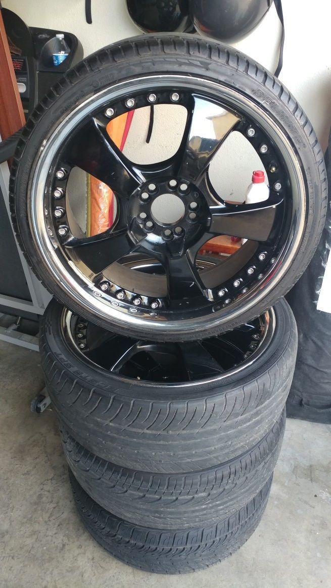 Up for sale my Diablo rims & tires, came off a Dodge Chrysler, its a 5 lug universal pattern. 85% ro 95% life on all 4! Cleaned and ready to roll👍