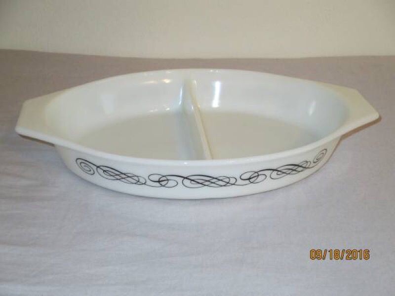 Vintage Pyrex Black Scroll Divided Dish