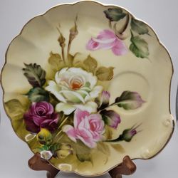 Vintage Lefton China Hand Painted Green Heritage Rose 1960's Snack Plate