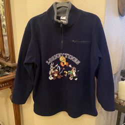 Vintage LOONEY TUNES 2000 Navy Embroidery 1/4 Zipped Fleece Pullover Size Medium