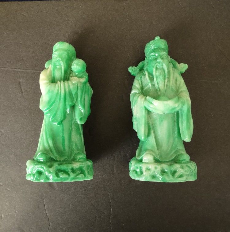 5" Fuk Luk Deities - Feng Shui Chinese Gods Green & White Color Statues -12.7 cm