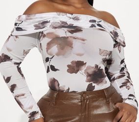 Off-shoulder Long Sleeve Brown/nude Mesh Top