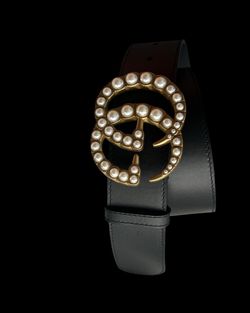 Moon Black Calfskin Pearl Double G Belt 