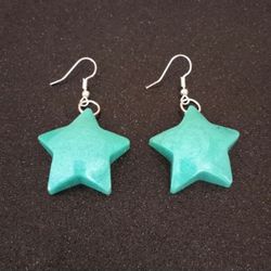 Metallic teal kawaii puffy stars dangle earrings with silver hooks NEW resin
