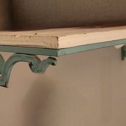Shabby Chic Wall shelf  turquoise metal brackets 32"L