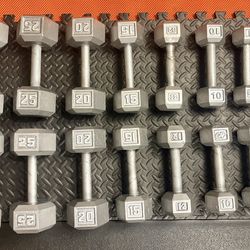 The Couple's Set... Cast Iron Hex Dumbbells: 5s, 8s, 10s, 12s, 15s, 20s, 25s and 30 pounders. Brute W= 250#