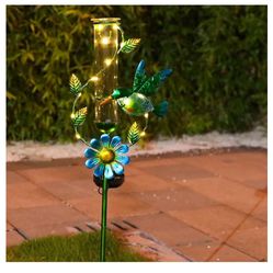 Rain Gauge Outdoor - Solar Powered Garden Rain Gauge, Metal Hummingbird Flower Stake, LED Lights for Garden Yard Patio Decor