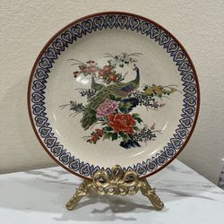 Vintage Japanese Satsuma Peacock Plate – Hand Painted Porcelain – Sanford Japan – Crackle Glaze