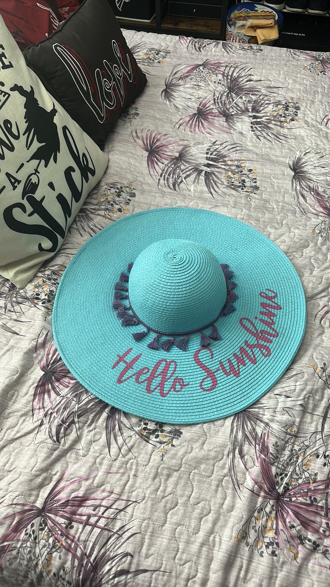 Hello sunshine beach hat blue pink with tassels