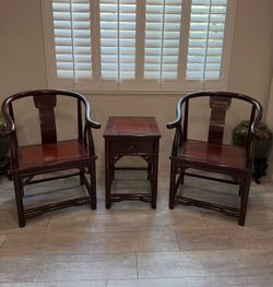 Chinese Ming Style Horseshoe Chairs & Side Table – 3 Piece Set