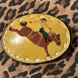 Vintage Leather Embroidered TONY LAMA Cowboy Rodeo Horse  Belt Buckle
