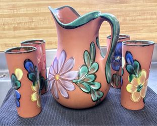 Vintage Hand-Painted Pottery Pitcher & Tumbler Set – $40