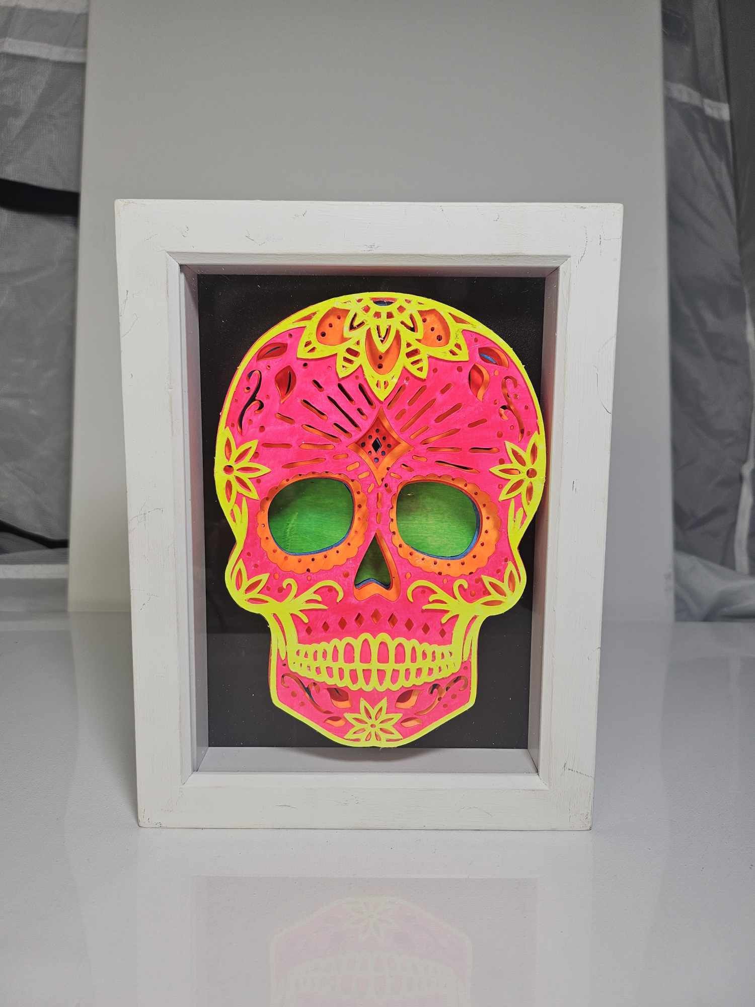 Neon Sugar Skull Shadow Box Art